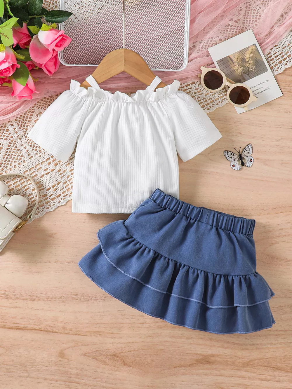 Children's Off-Shoulder Top and Ruffled Denim Skirt Set, image 4