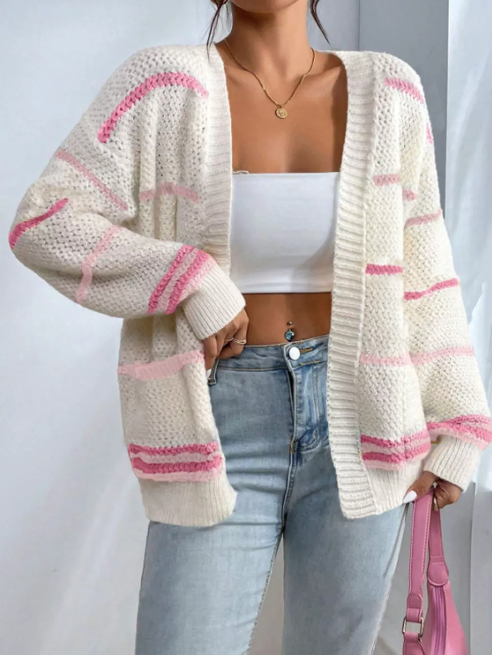 Striped Open Front Knit Cardigan, image 4