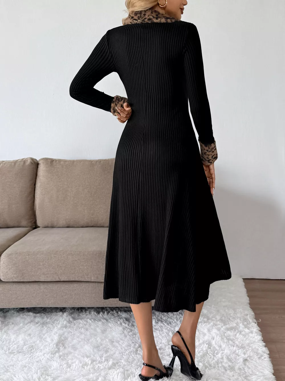 Leopard Cuff Johnny Collar Midi Dress, image 2