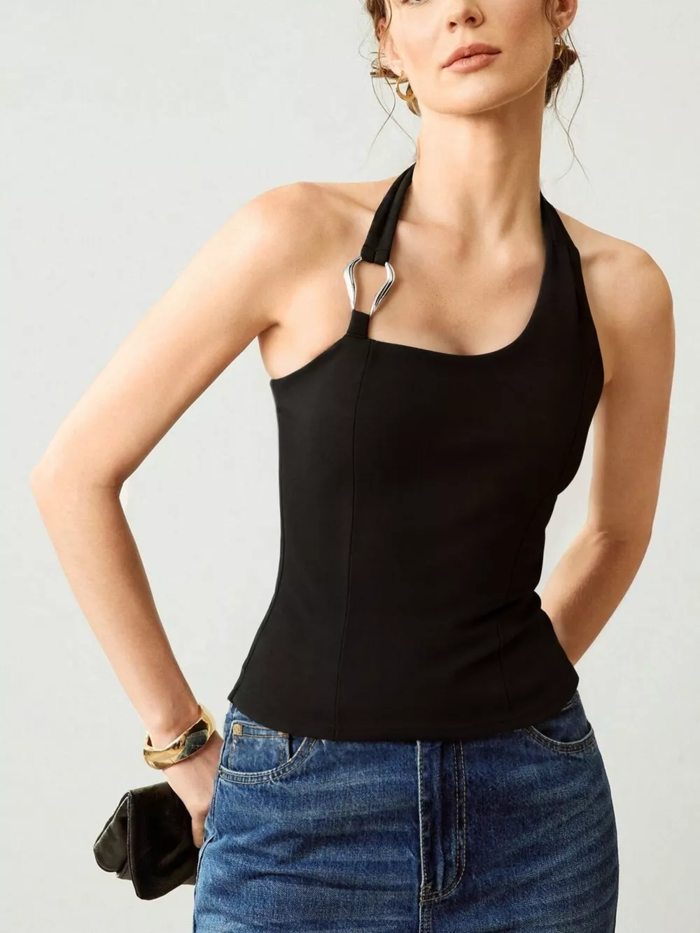 Halter Neck Tank with Metallic Ring Detail, image 3