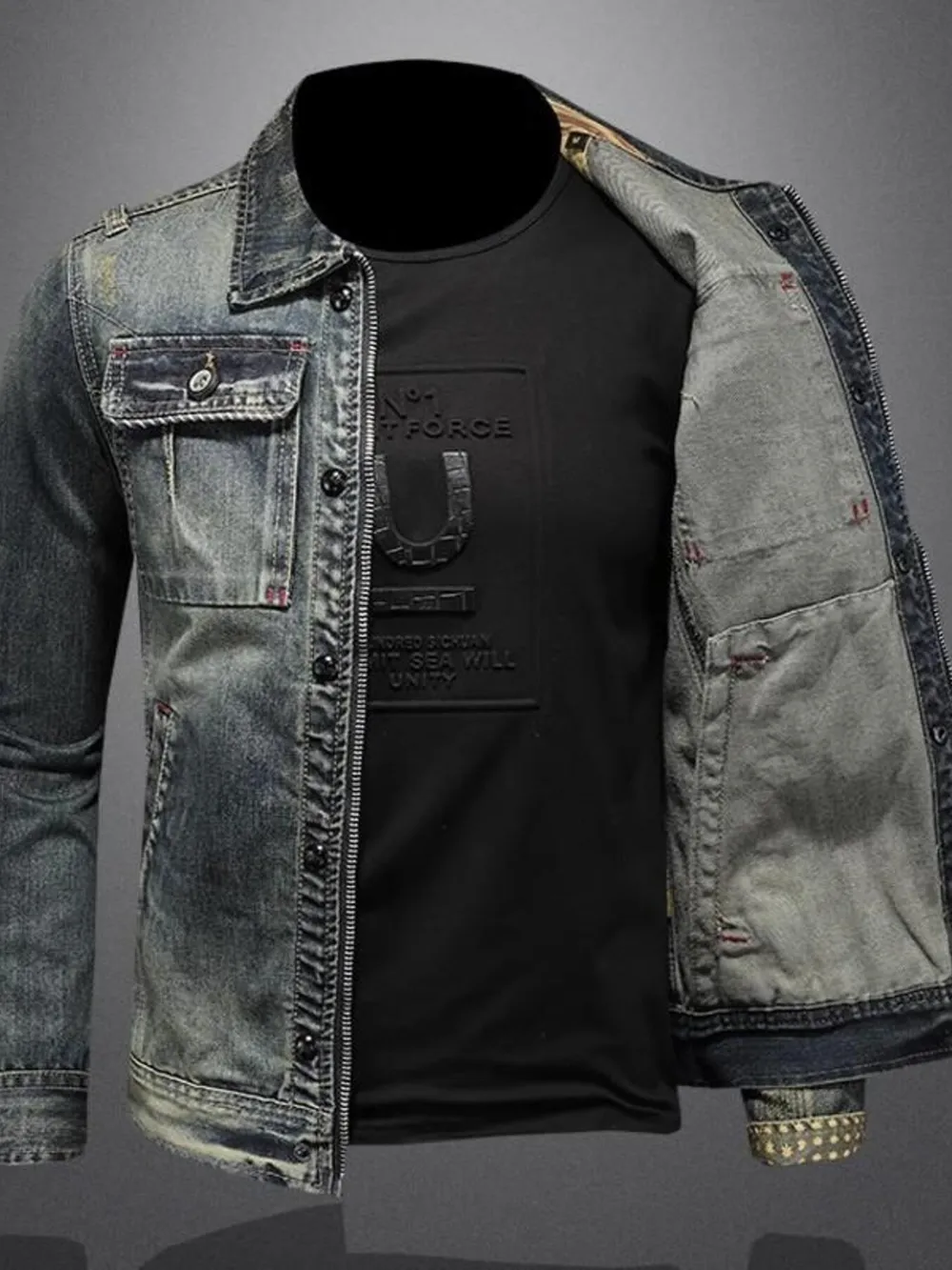 Men's Plus Size Vintage Washed Zip Up Denim Jacket, image 3