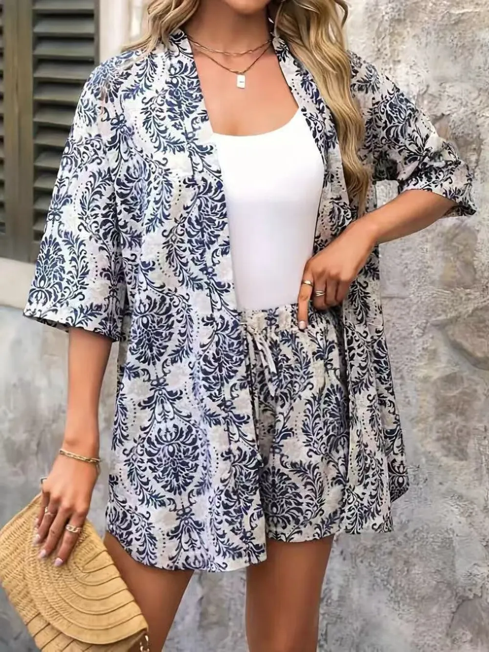 Printed Open Front Cardigan and Shorts Set, image 11