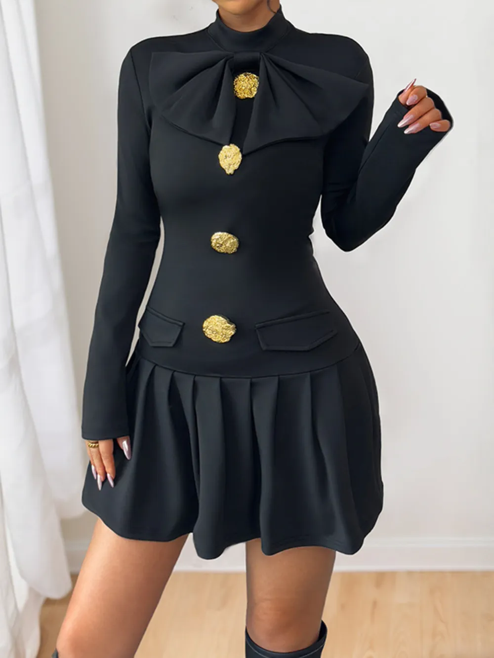Decorative Button Mock Neck Long Sleeve Mini Dress, image 7