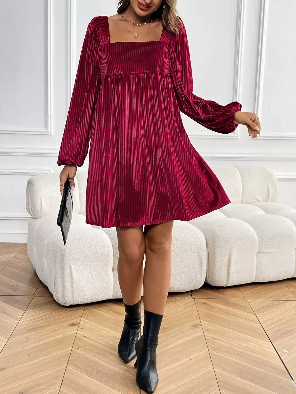 Velvet Square Neck Long Sleeve Dress, image 10