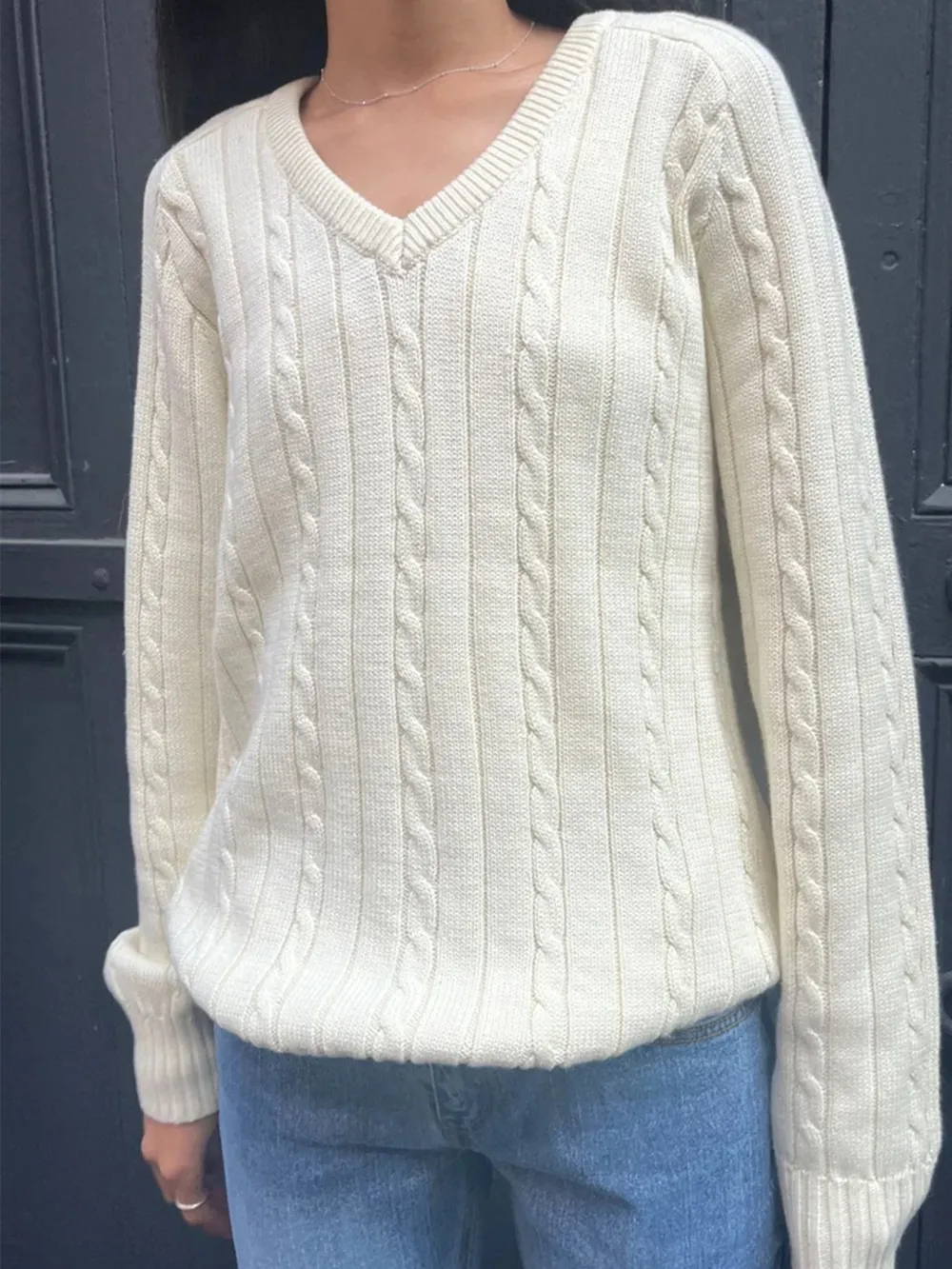 Cable Knit V-Neck Pullover Sweater, image 2