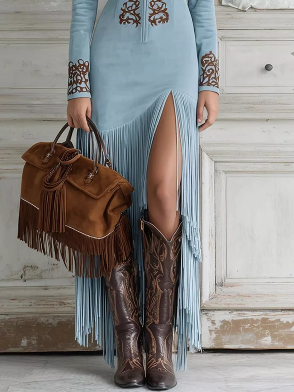 Full Size Embroidered Fringed Zip Front Maxi Dress Plus Size, image 3