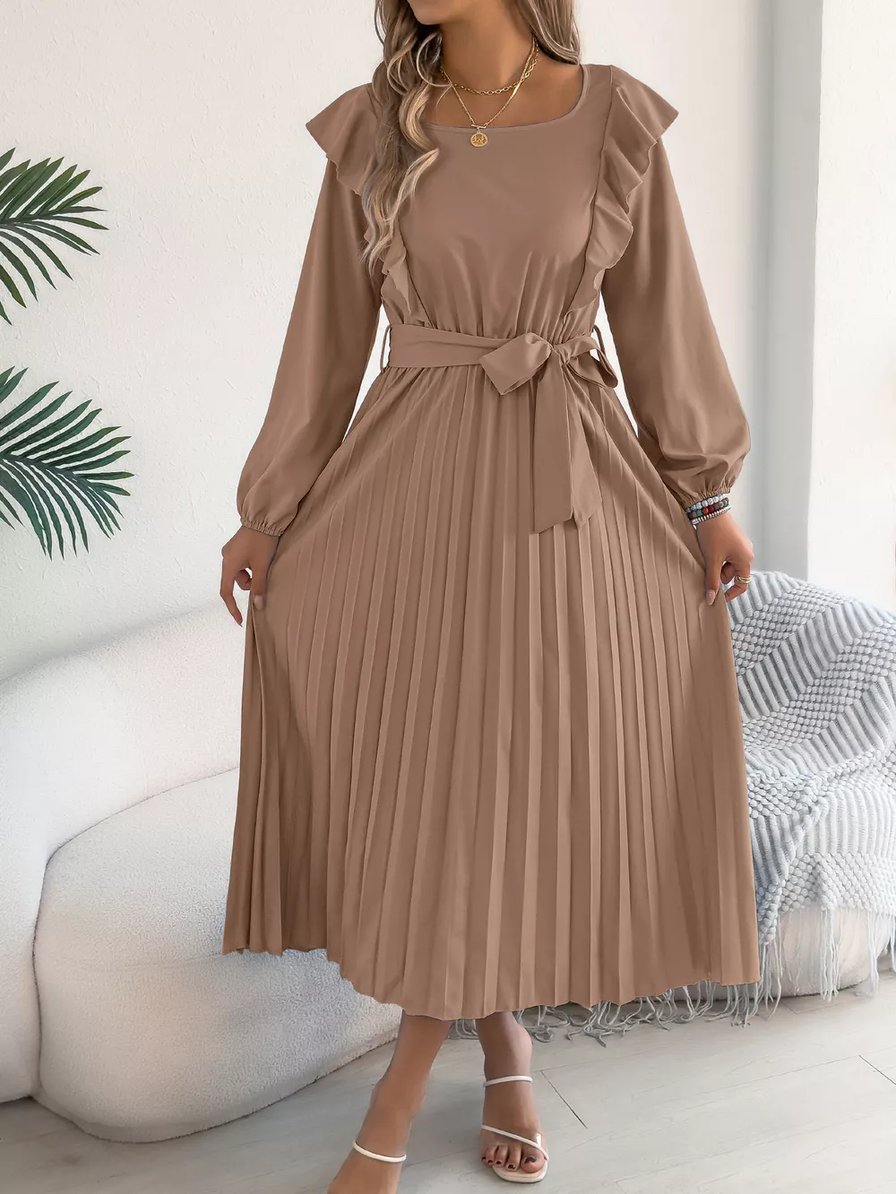 Ruffle Trim Pleated A-Line Midi Dress, image 3