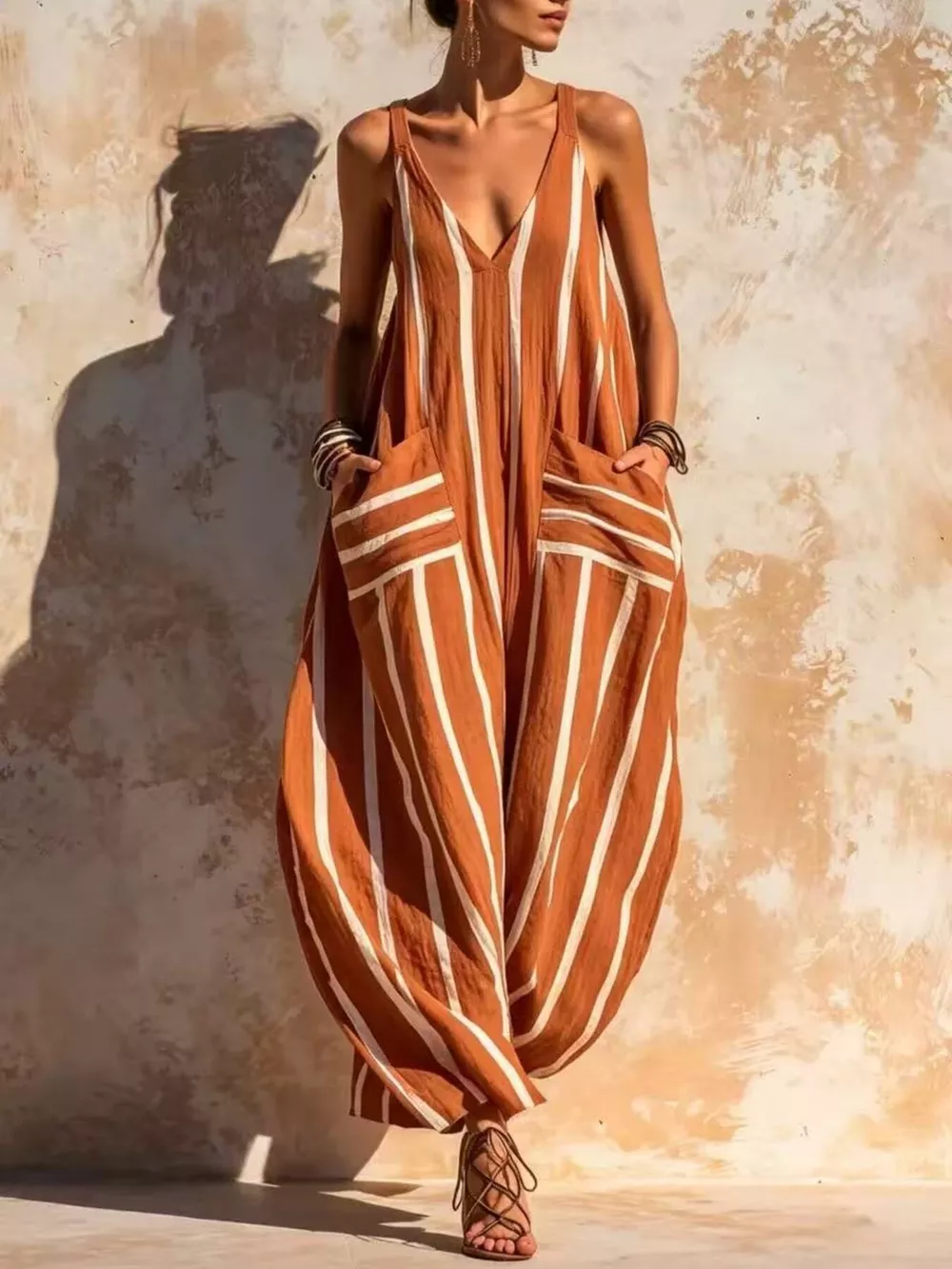 Striped V-Neck Sleeveless Wide-Leg Jumpsuit, image 2