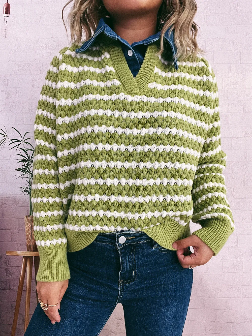 Contrast Striped Sweater with Denim Collar, image 18
