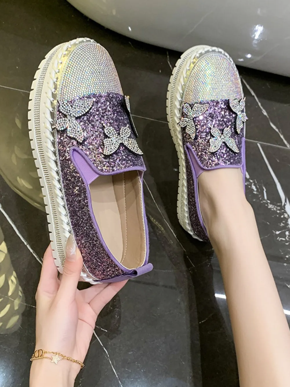 Rhinestone Embellished Platform Slip-Ons