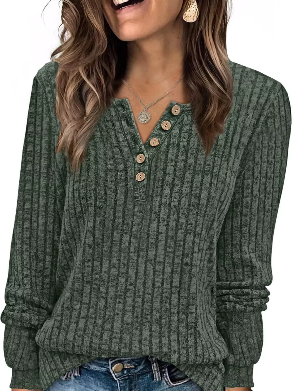 Ribbed Knit Button-Front Long Sleeve T-Shirt, image 21