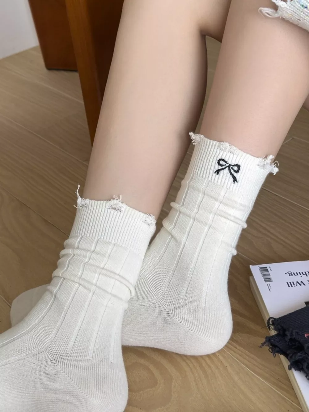 Bow Embroidery Ribbed Crew Socks, image 6
