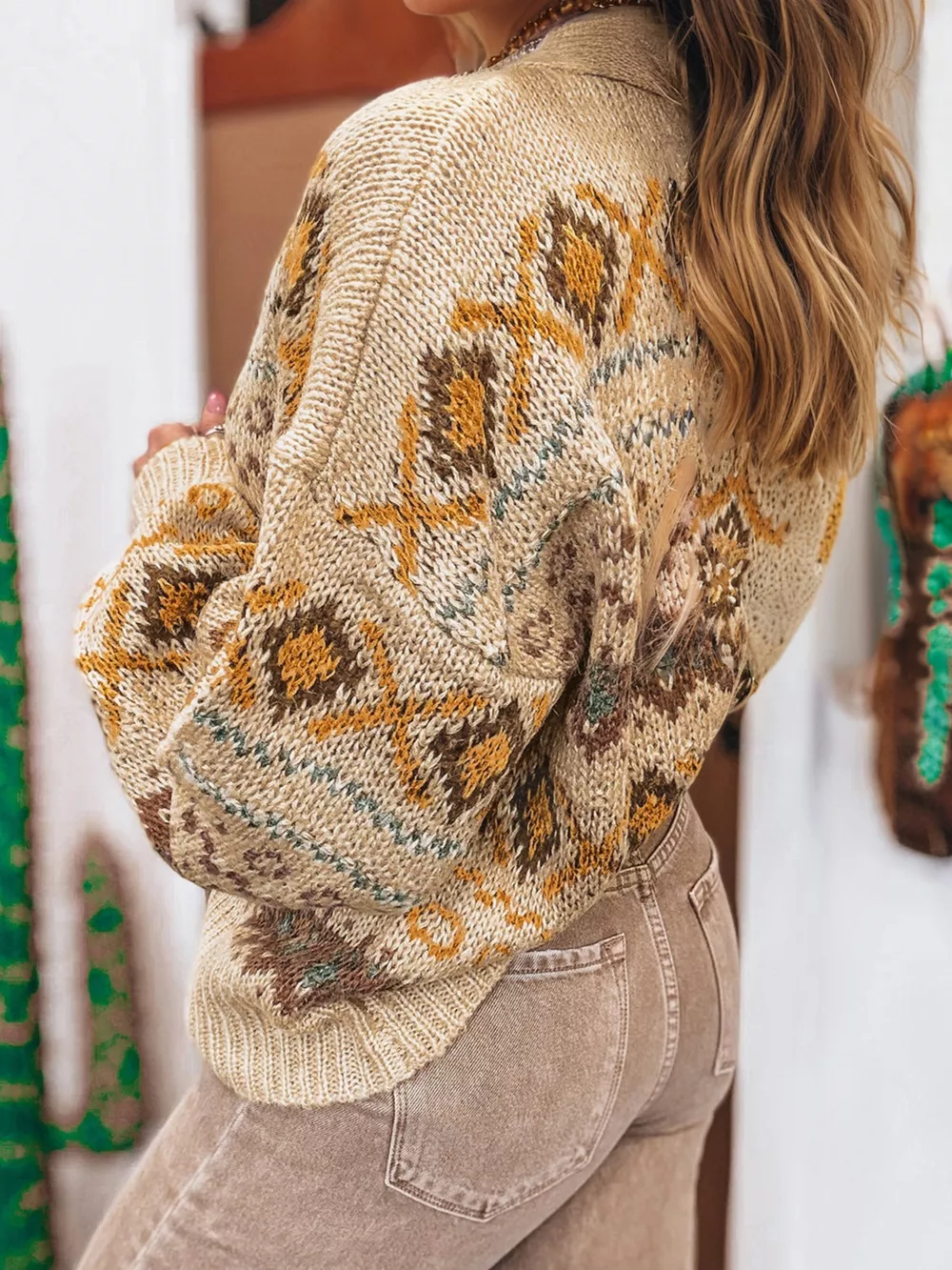Western Pattern Knitted Button V Neck Cardigan Sweater, image 6
