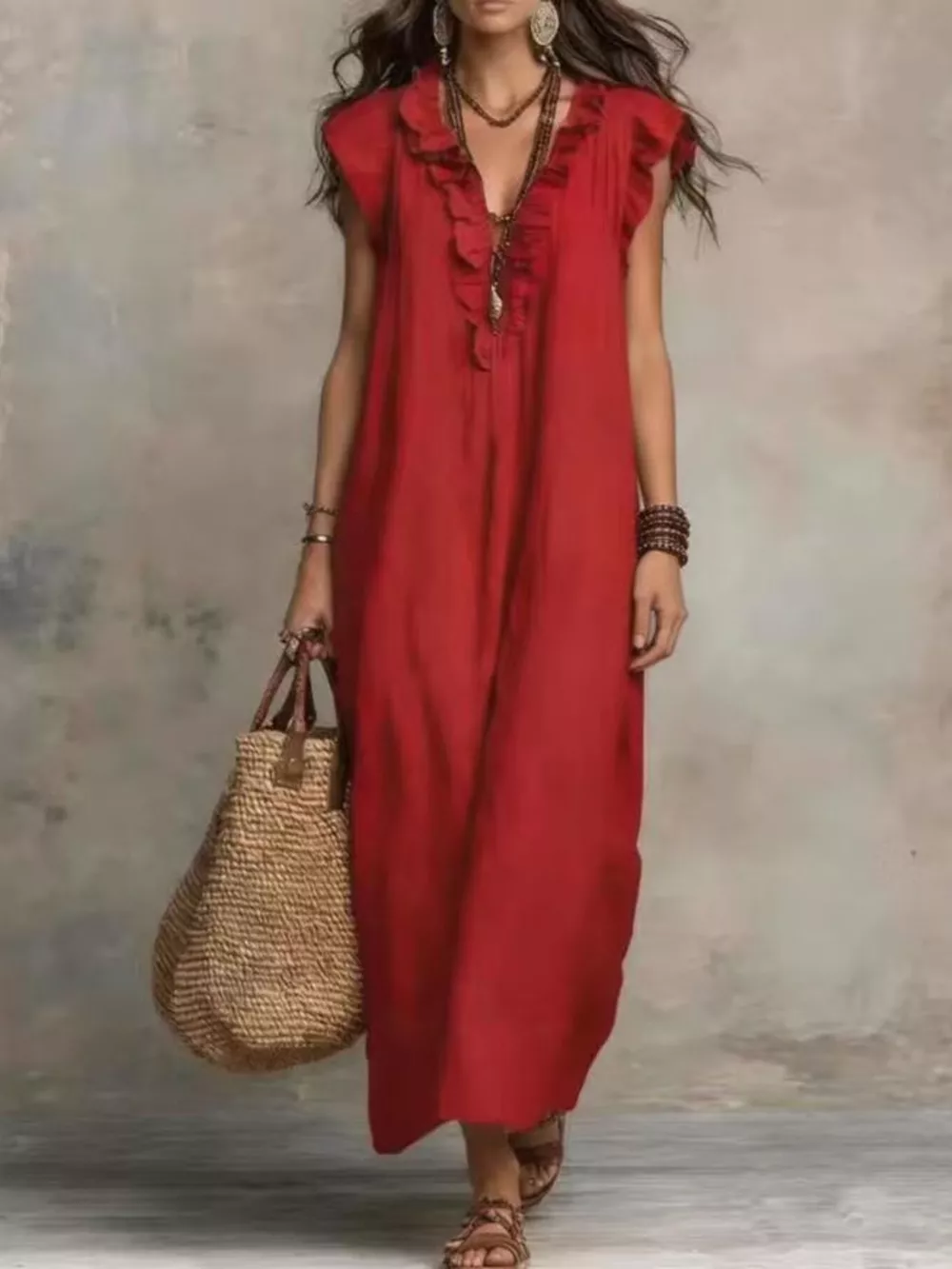 Full Size Bohemian Ruffle Neck Maxi Dress Plus Size, image 12