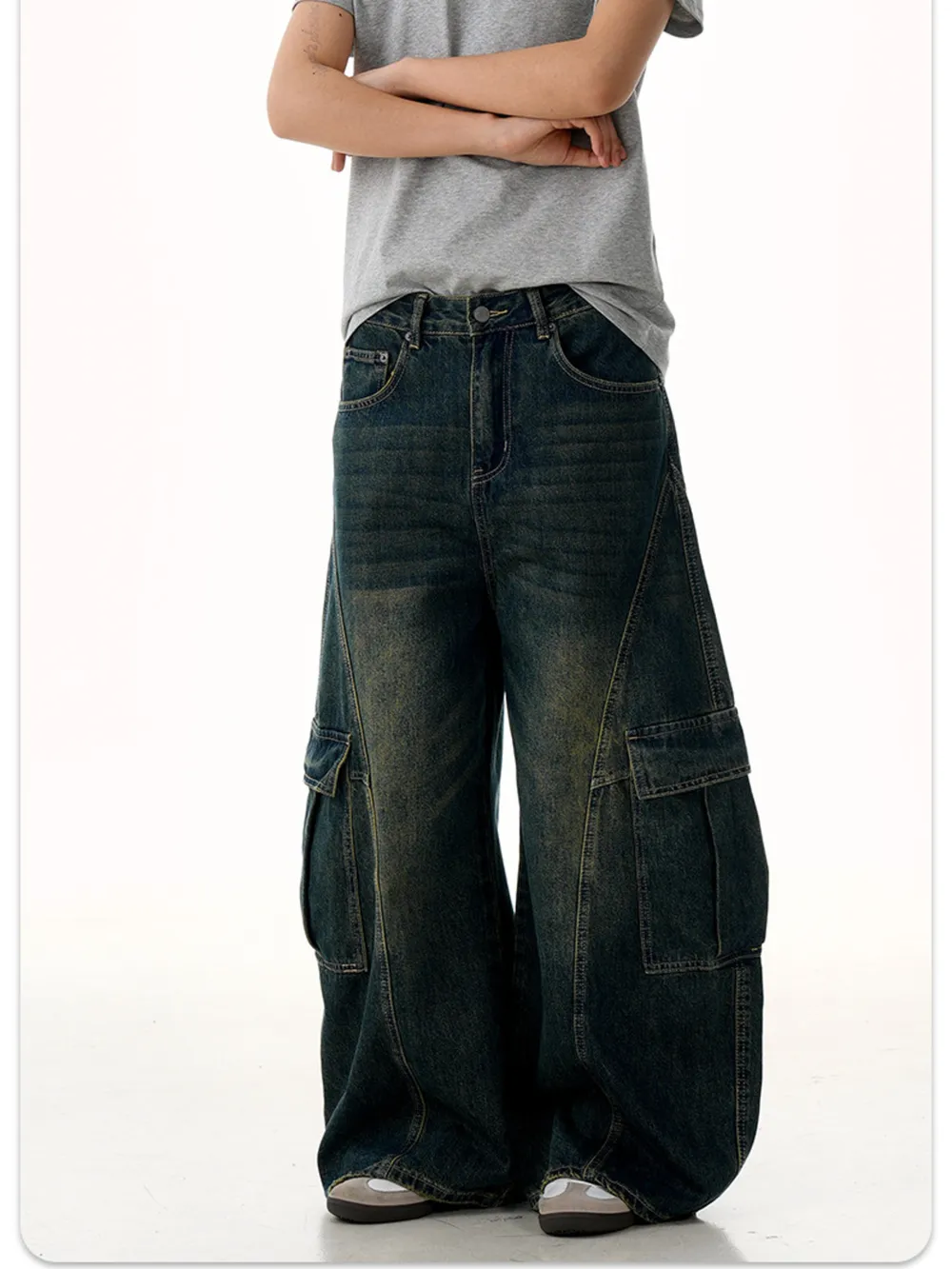 Men's Wide Leg Wash Cargo Jeans, image 5