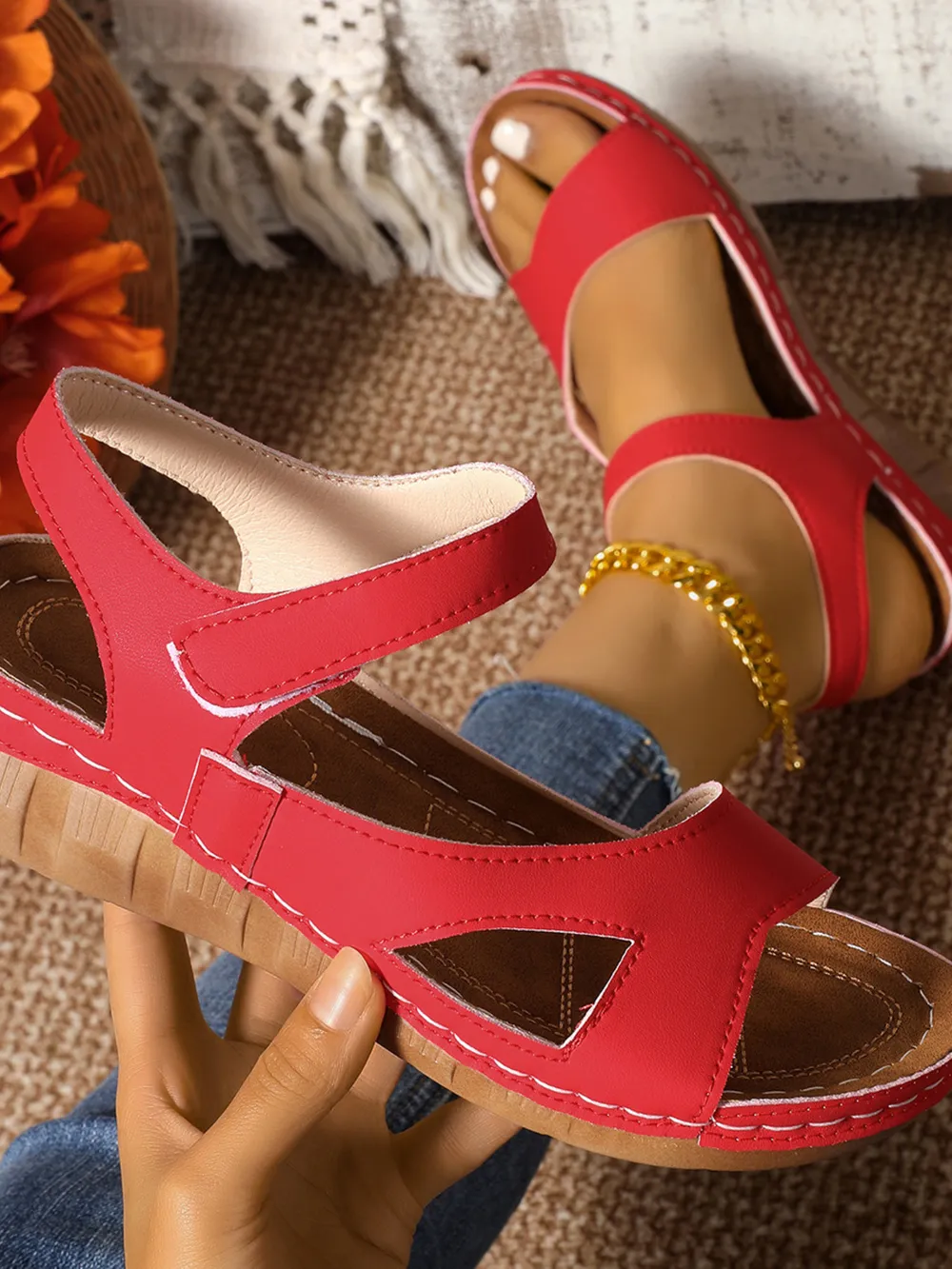 Floral Print Velcro Strap Wedge Sandals, image 11