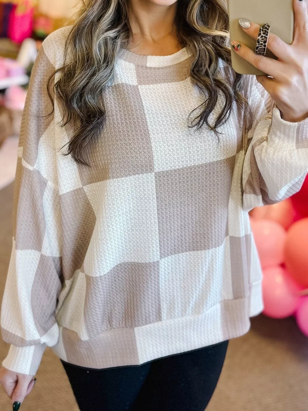 Checkered Breathable Textured Long Sleeve Top, image 3