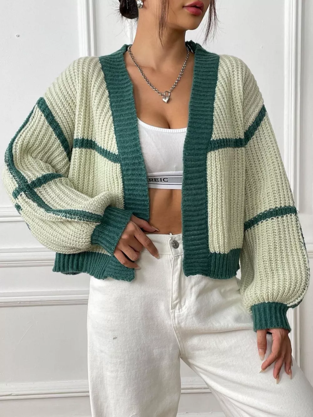 Color-Block Ribbed Knit Open-Front Cropped Cardigan, image 6