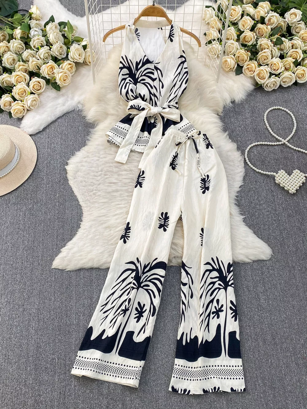 Printed Sleeveless Top and Wide Leg Pants Set