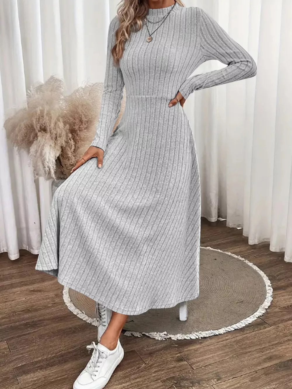Ribbed Knit A-Line Midi Dress, image 3