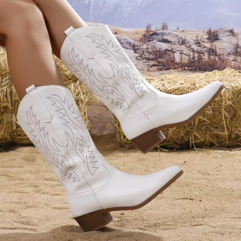 Embroidered Point Toe Block Heels Boots, image 7
