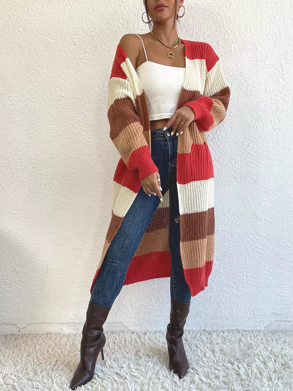 Striped Color Block Open Front Knit Cardigan, image 5