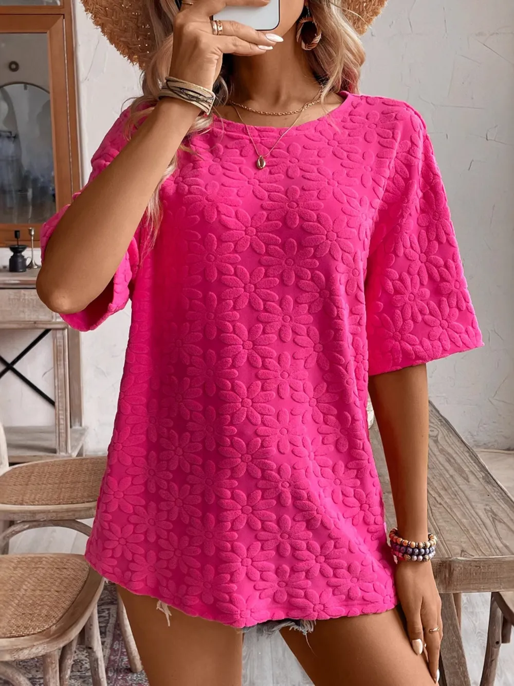 Textured Round Neck Oversized T-Shirt, image 4
