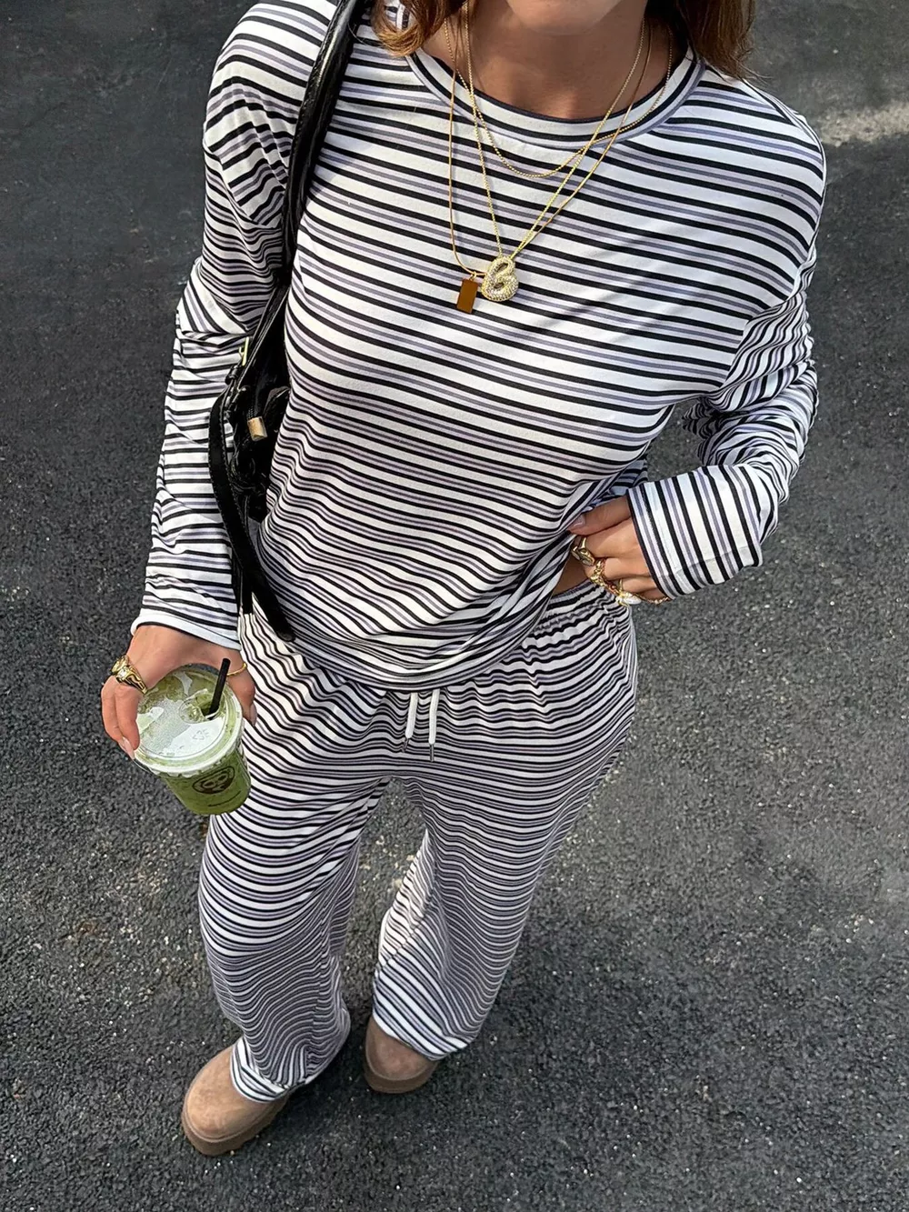 Striped Casual Long Sleeve Top and Wide Leg Pants Set, image 2