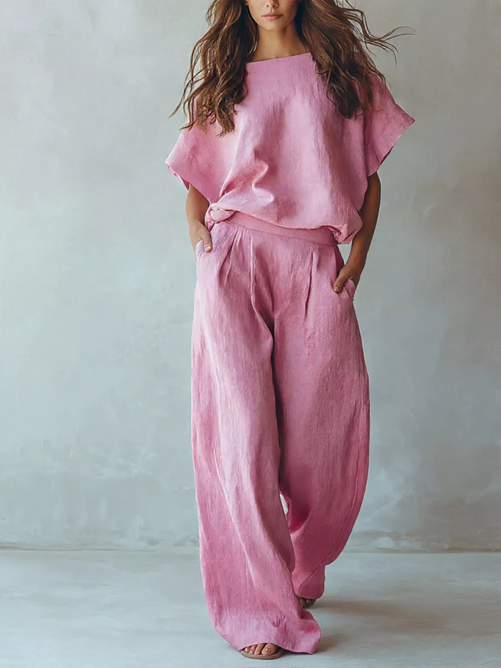 Full Size Solid Color Top and Wide-Leg Pants Set Plus Size