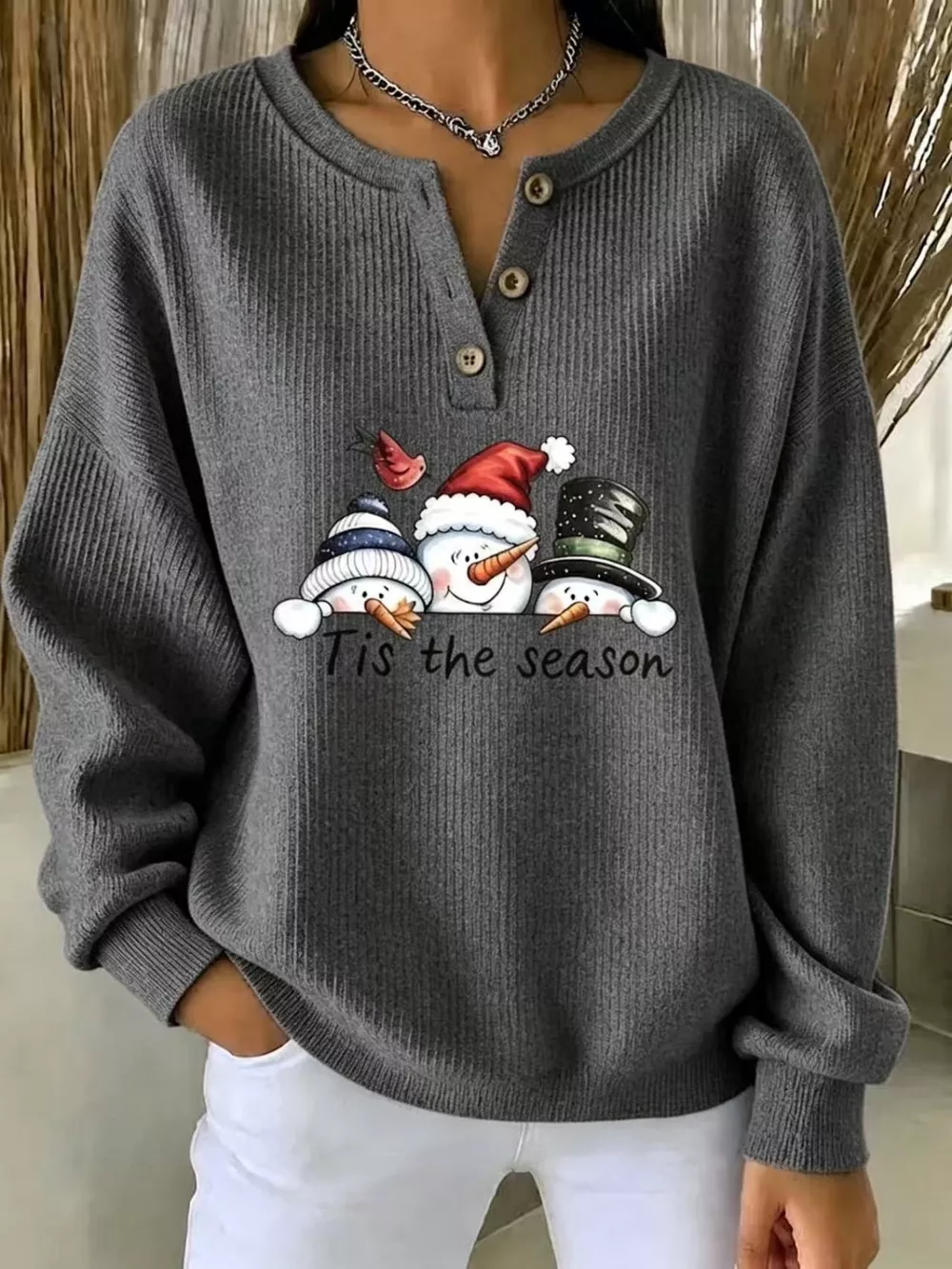 Full Size Christmas Themed Snowman Graphic Ribbed Henley Sweatshirt Plus Size, image 9