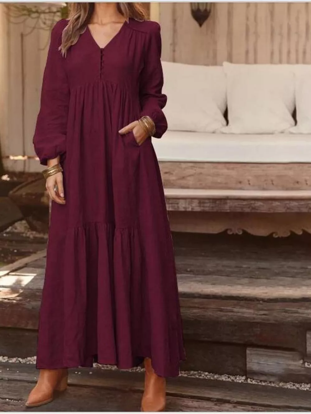 Full Size V-Neck Long Sleeve Tiered Maxi Dress with Pockets Plus Size, image 14