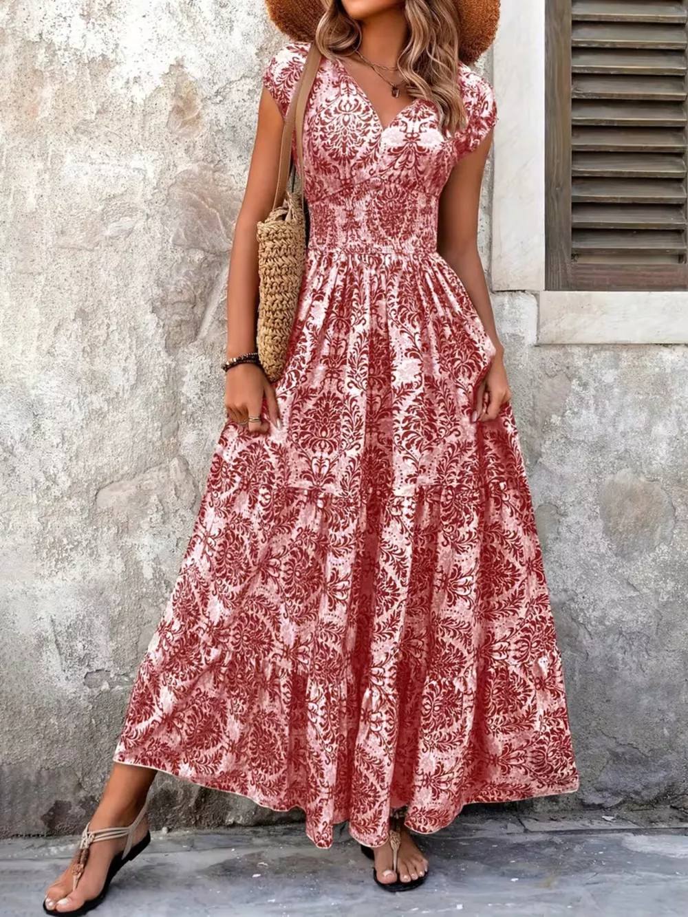 Printed Cap Sleeve Maxi Dress, image 9