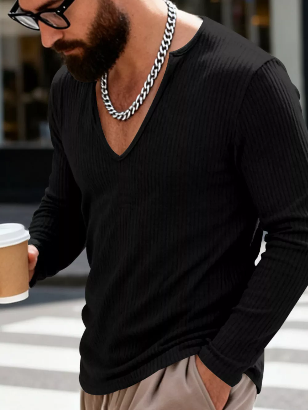 Men's Full Size Casual Ribbed Long Sleeve T-Shirt Plus Size, image 4