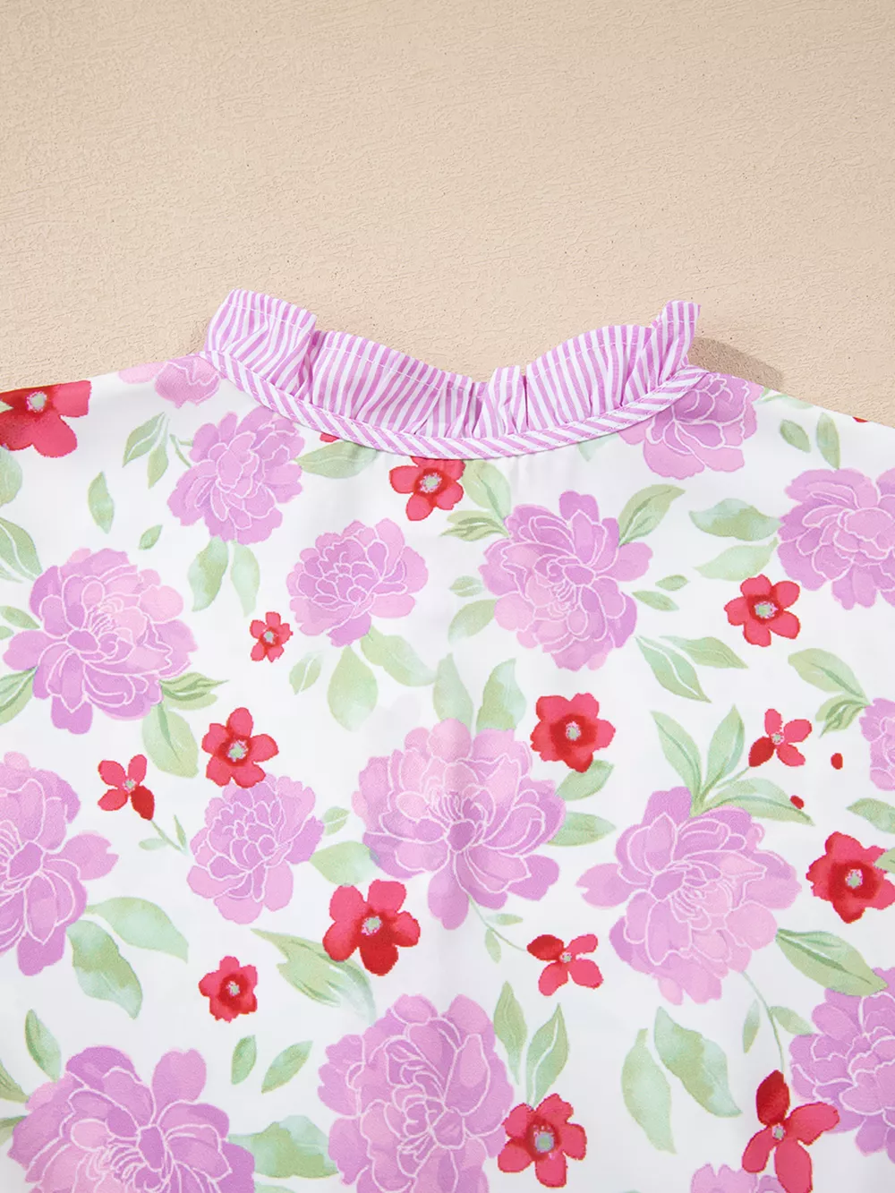 Floral Print Striped Trim Frilled Neck 3/4 Sleeve Flared Mini Dress, image 6