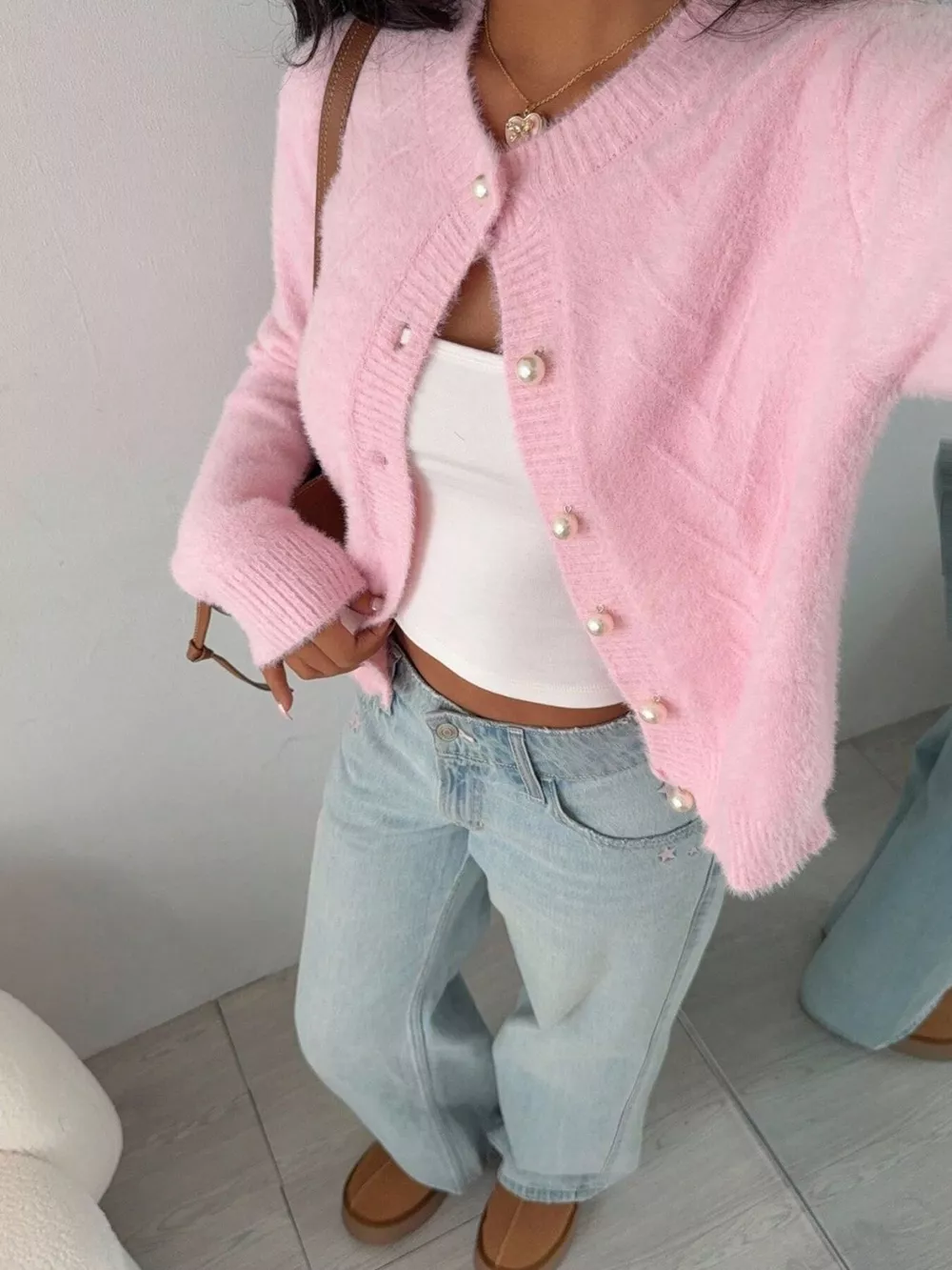 Soft Fuzzy Texture Cardigan with Pearl Buttons, image 3