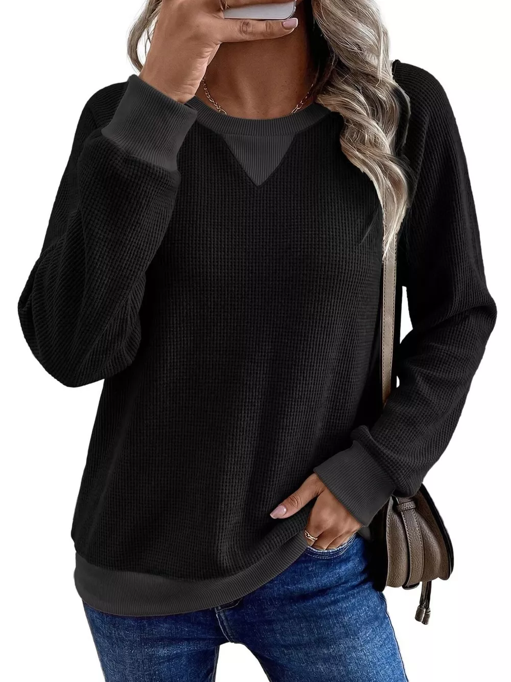 Waffle Knit Crew Neck Long Sleeve Sweatshirt, image 8
