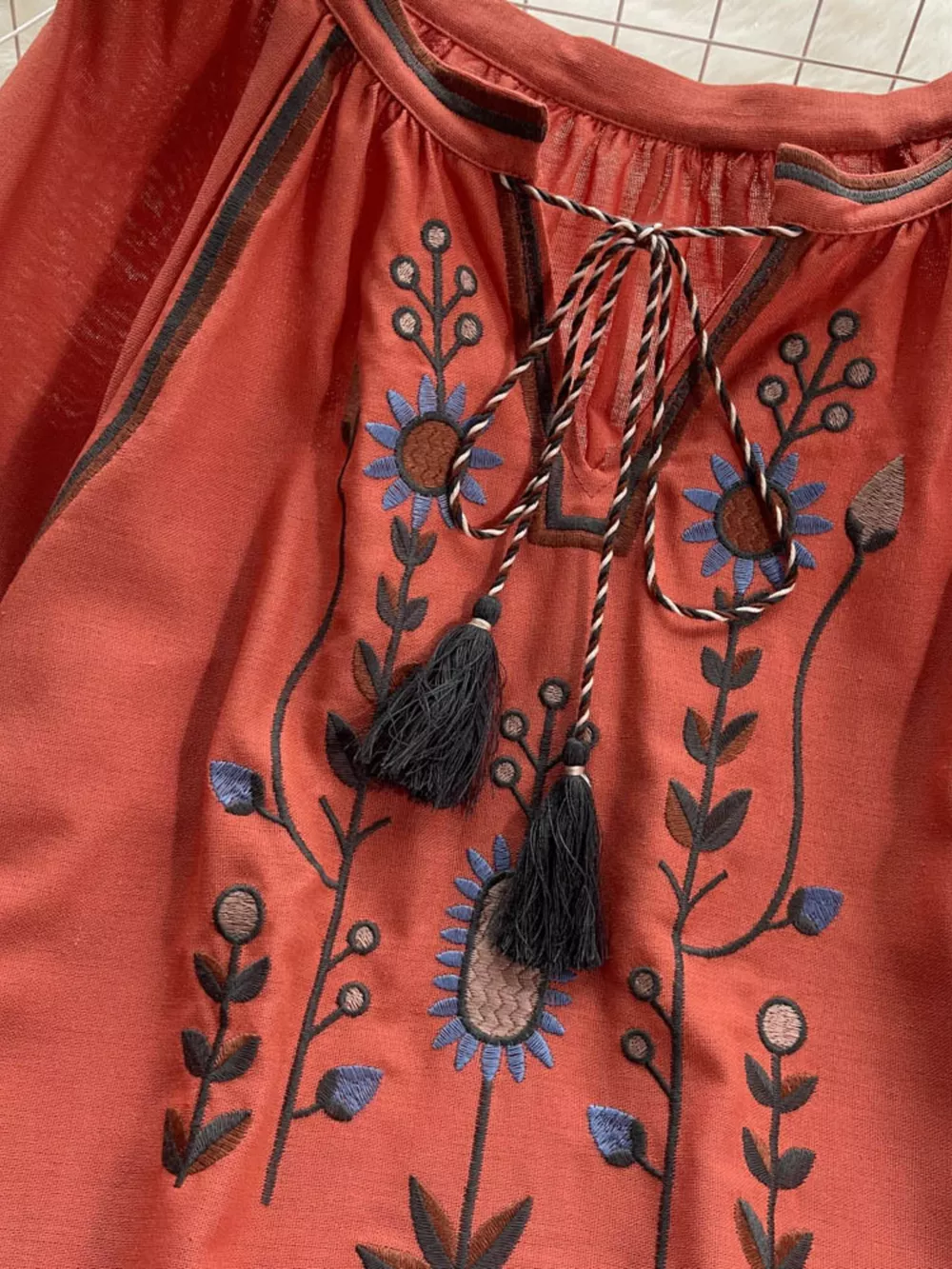 Embroidered Tie Neck Blouse, image 15