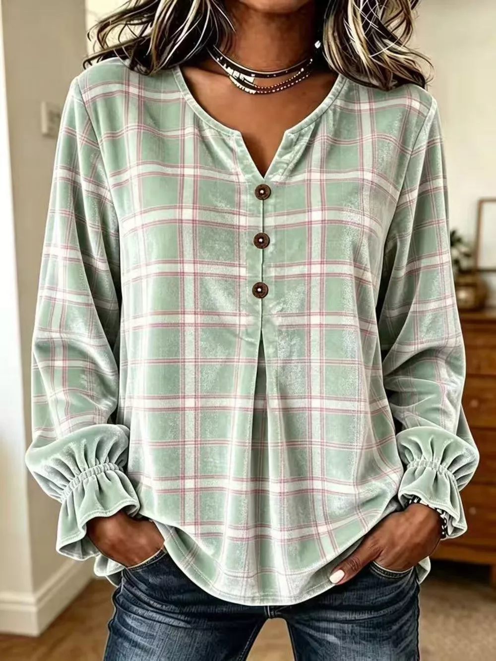 Full Size Plaid Velvet Flounce Sleeve Blouse Plus Size, image 17
