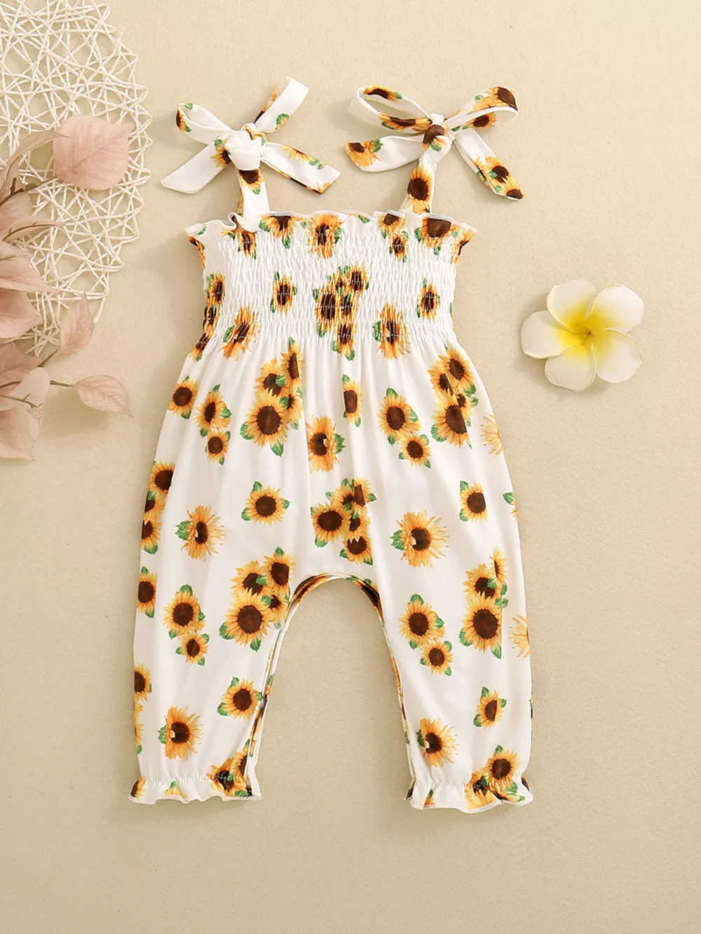 Children's Sunflower Print Smocked Ruffle Trim Jumpsuit