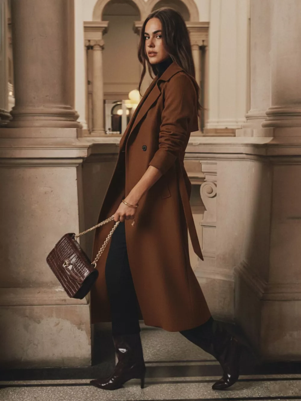 Lapel Collar Belted Wool Blend Coat, image 4