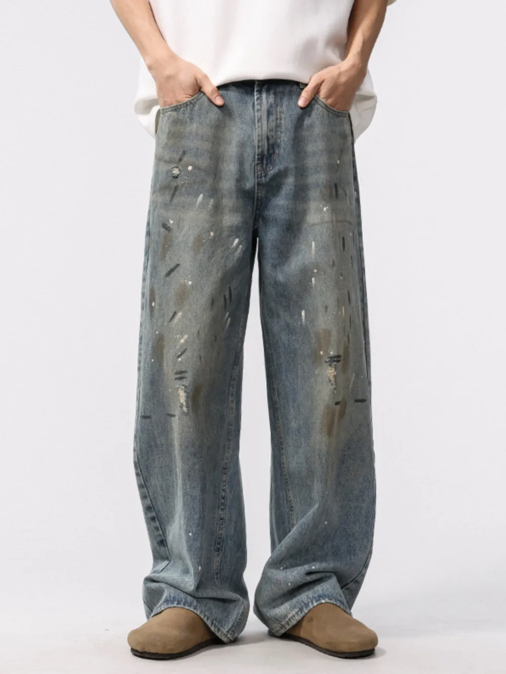 Men's Washed Distressed Wide-Leg Jeans