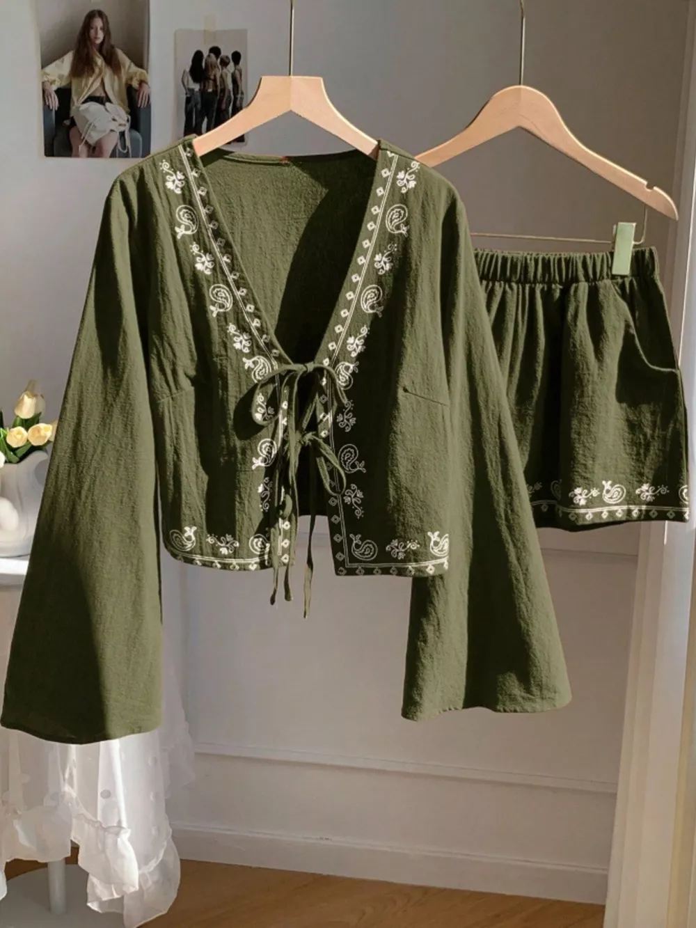 Embroidered Tie-Front Top & Shorts Set, image 2