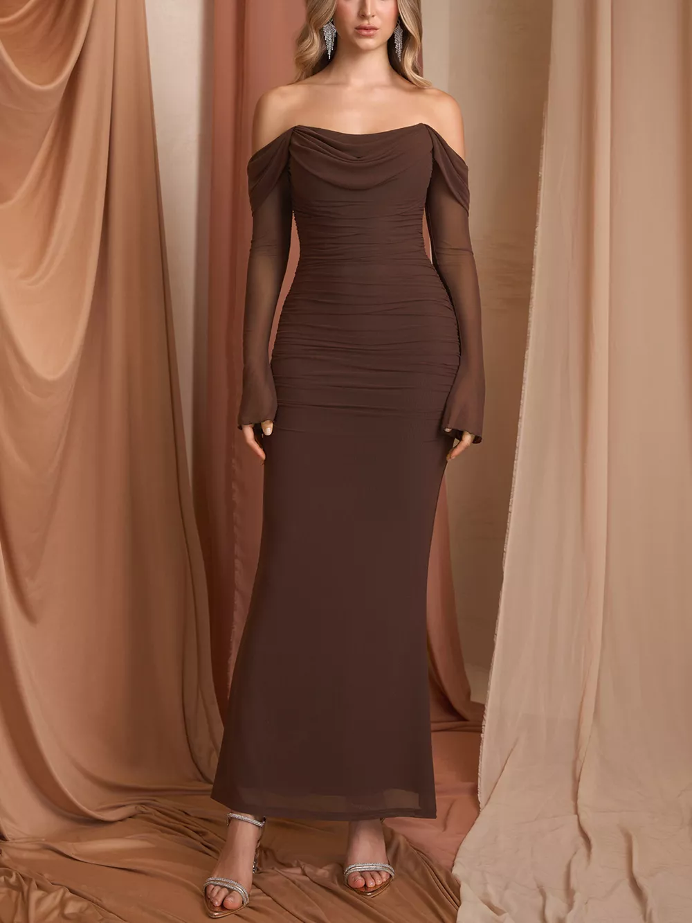 Off-Shoulder Ruched Mermaid Maxi Dress, image 10