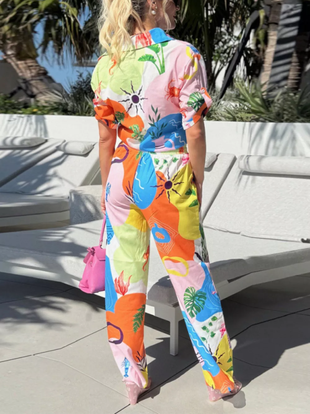Abstract Print Button-Up Shirt and Wide-Leg Pants Set, image 3