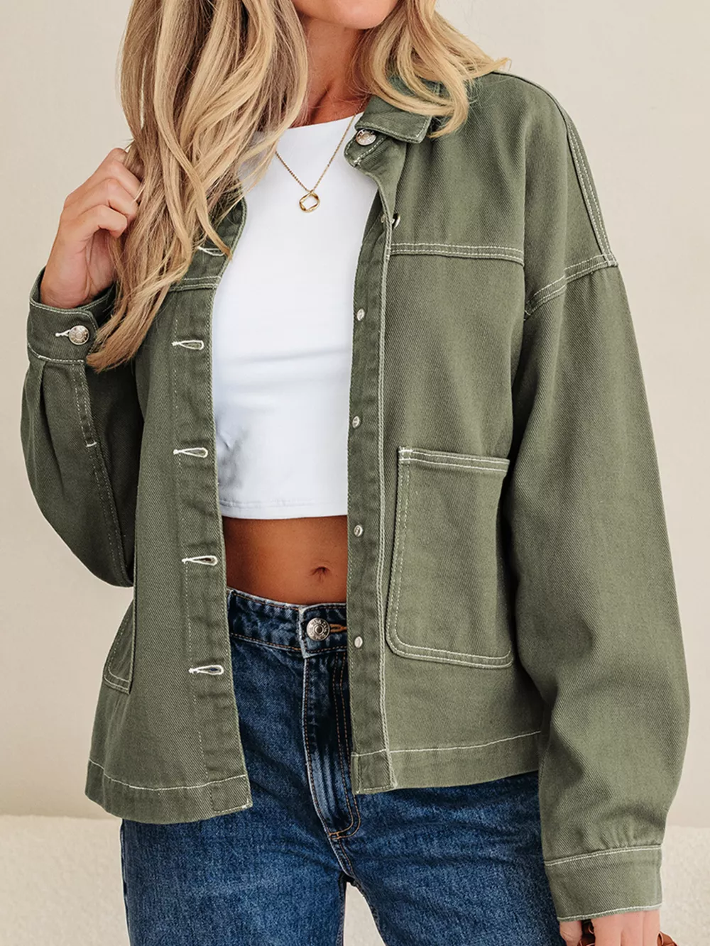 Patched Pocket Collared Button Front Boyfriend Denim Jacket, image 4