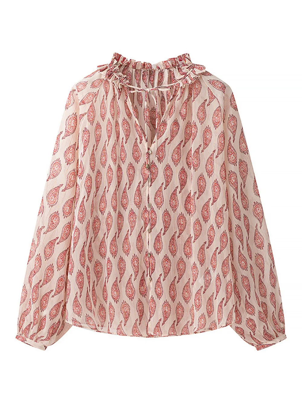 Paisley Print Frill Tie Neck Long Sleeve Blouse