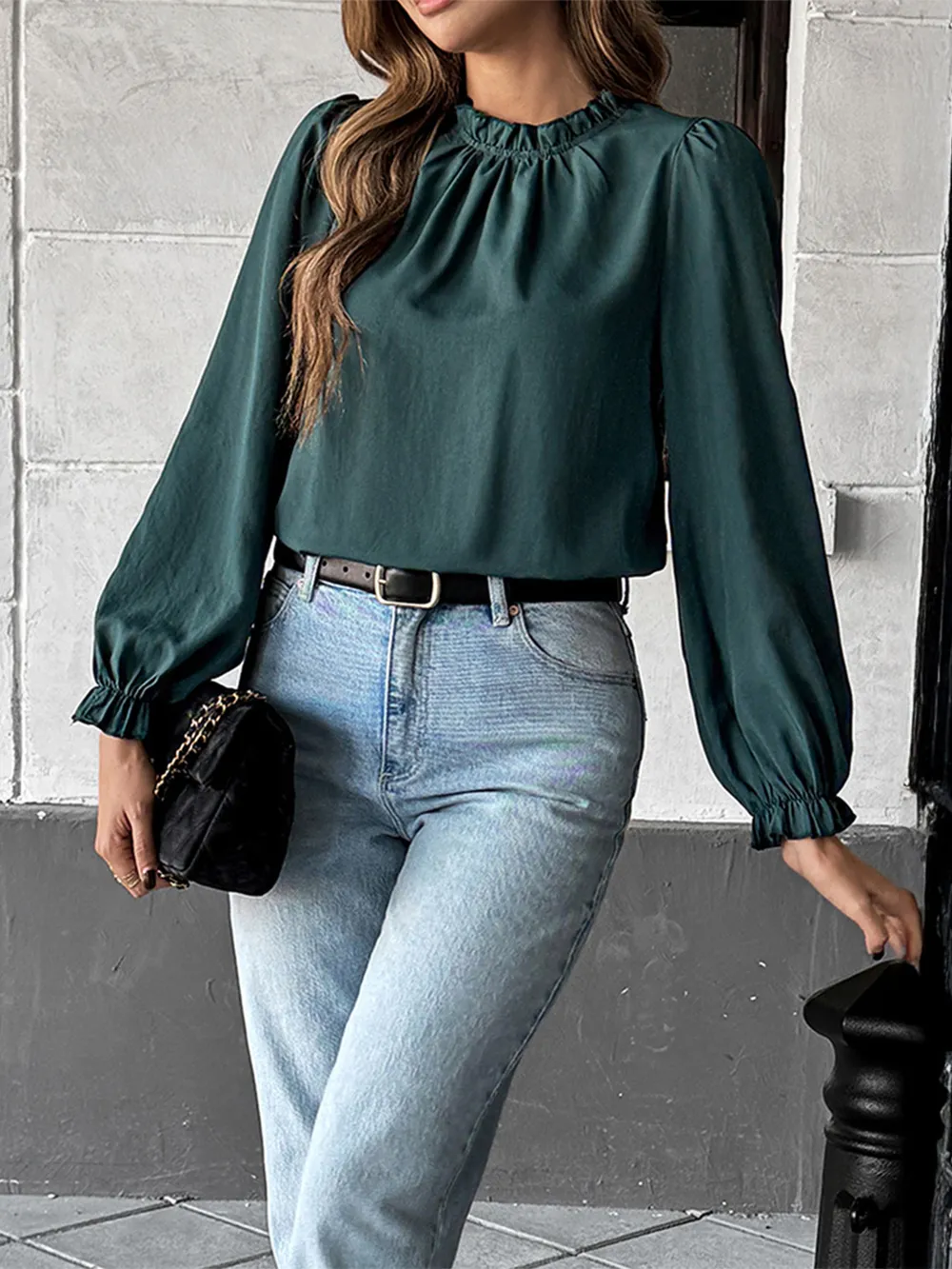 Ruched Round Neck Long Sleeve Blouse, image 2