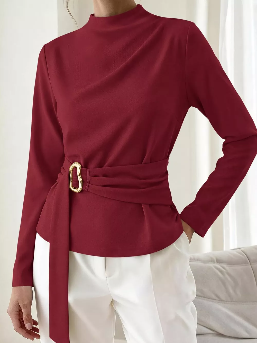 Mock Neck Blouse with Waist-Defining Metal Buckle Detail, image 9