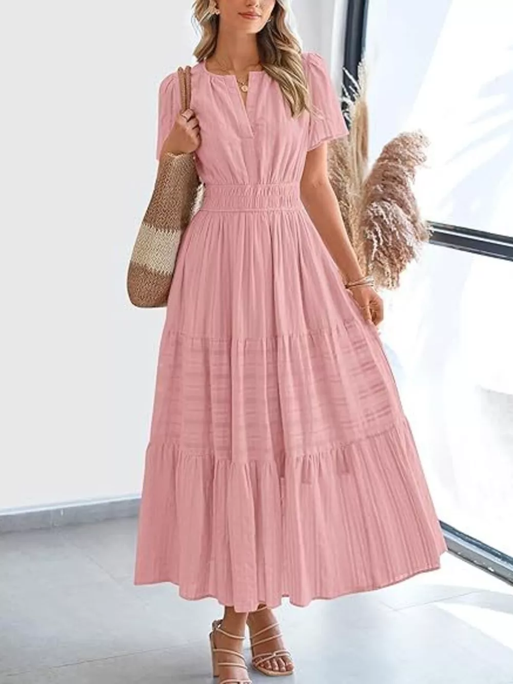 Full Size Short Sleeve Tiered Midi Dress Plus Size, image 10