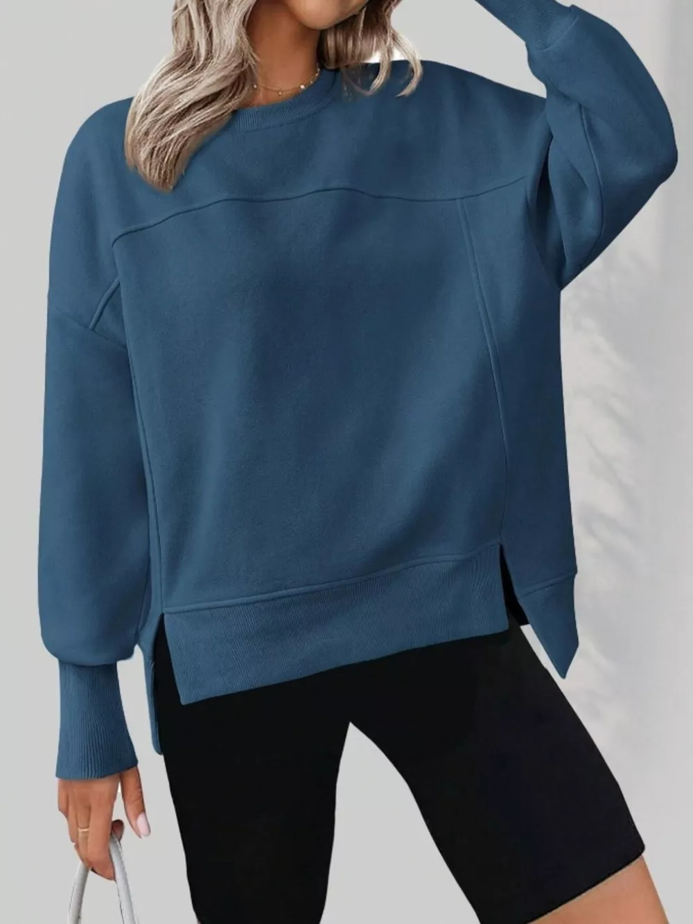 Slit Round Neck Dropped Shoulder Sweatshirt, image 7